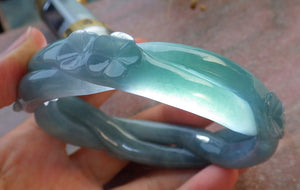 63mm Certified Hand Carved Blue Water Green Natural A JADE Jadeite Flower Knotted Circle Bangle Bracelet