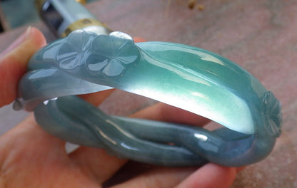 63mm Certified Hand Carved Blue Water Green Natural A JADE Jadeite Flower Knotted Circle Bangle Bracelet