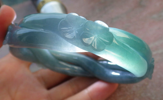63mm Certified Hand Carved Blue Water Green Natural A JADE Jadeite Flower Knotted Circle Bangle Bracelet