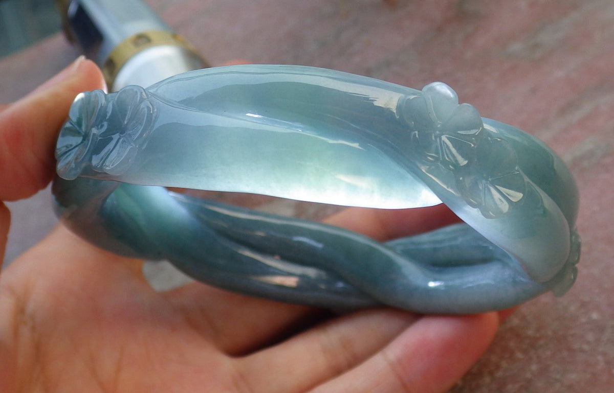 63mm Certified Hand Carved Blue Water Green Natural A JADE Jadeite Flower Knotted Circle Bangle Bracelet