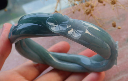 63mm Certified Hand Carved Blue Water Green Natural A JADE Jadeite Flower Knotted Circle Bangle Bracelet