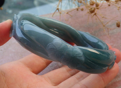 63mm Certified Hand Carved Blue Water Green Natural A JADE Jadeite Flower Knotted Circle Bangle Bracelet