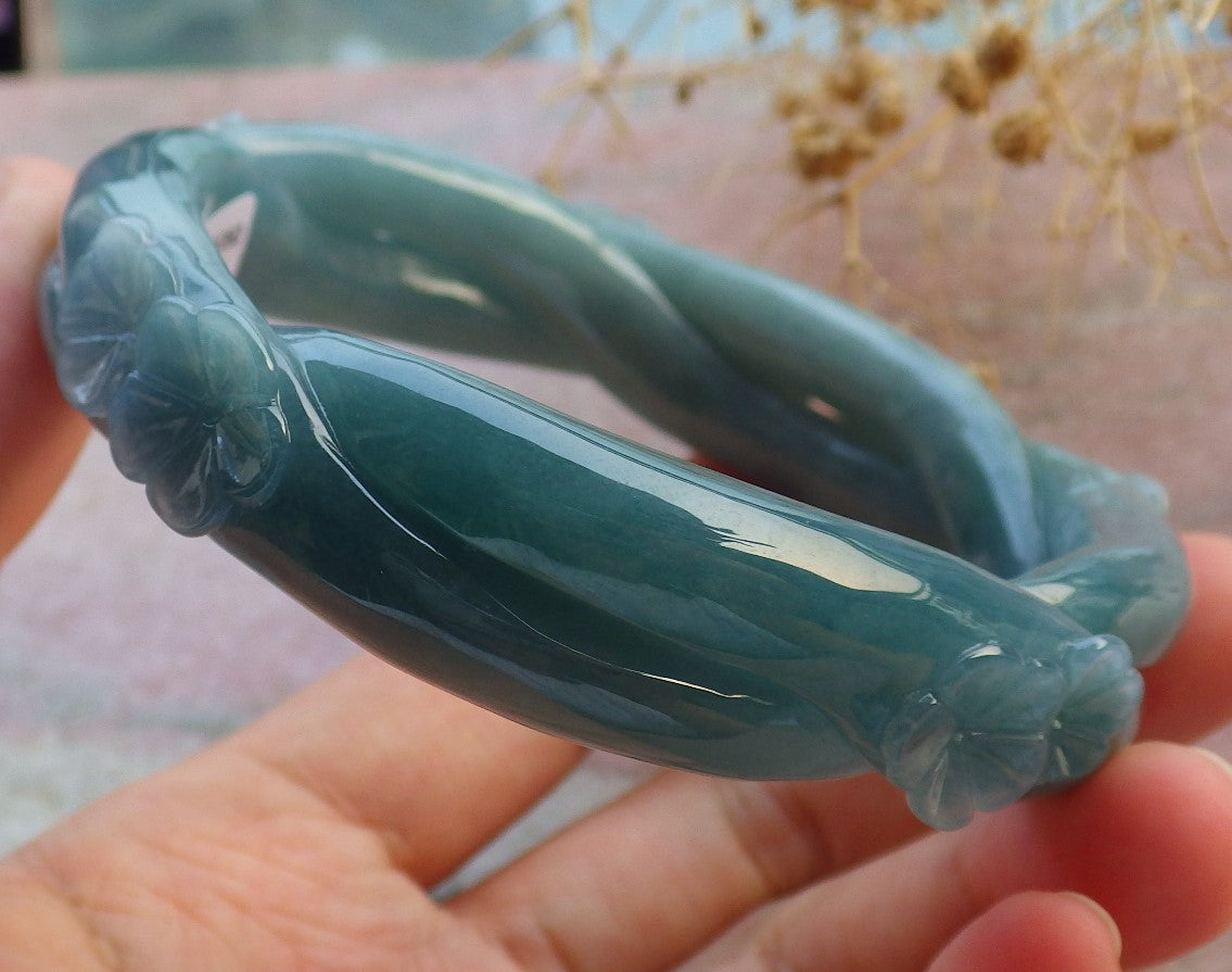 63mm Certified Hand Carved Blue Water Green Natural A JADE Jadeite Flower Knotted Circle Bangle Bracelet