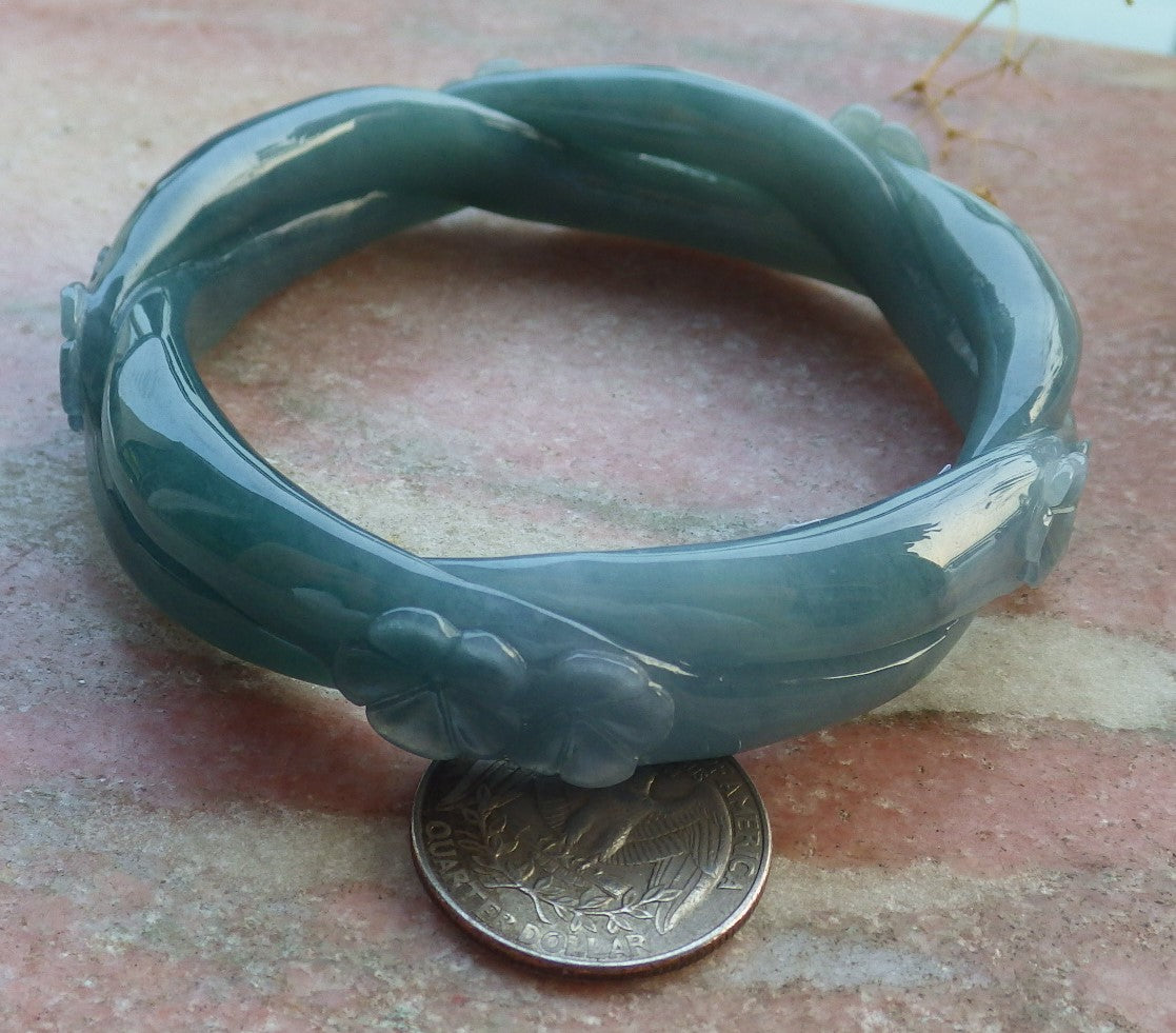 63mm Certified Hand Carved Blue Water Green Natural A JADE Jadeite Flower Knotted Circle Bangle Bracelet