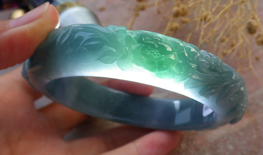 63mm Certified Hand Carved Blue Water Green Natural A JADE Jadeite Bird Flower Circle Bangle Bracelet