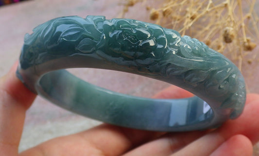 63mm Certified Hand Carved Blue Water Green Natural A JADE Jadeite Bird Flower Circle Bangle Bracelet