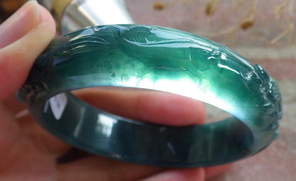 55mm Certified Hand Carved Natural Grade A JADE Jadeite Fish Bangle Bracelet