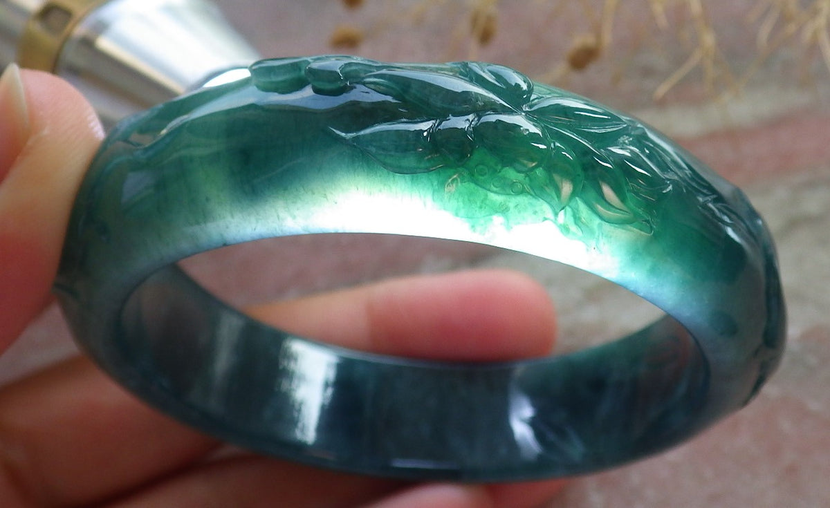 55mm Certified Hand Carved Natural Grade A JADE Jadeite Fish Bangle Bracelet