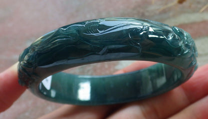 55mm Certified Hand Carved Natural Grade A JADE Jadeite Fish Bangle Bracelet