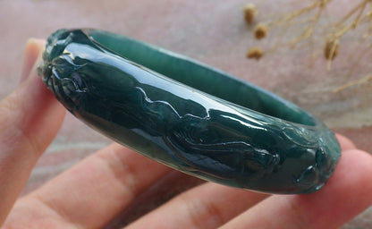 55mm Certified Hand Carved Natural Grade A JADE Jadeite Fish Bangle Bracelet