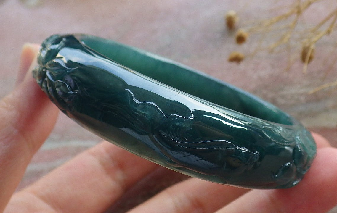55mm Certified Hand Carved Natural Grade A JADE Jadeite Fish Bangle Bracelet