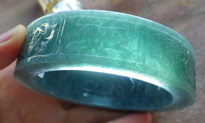 63mm Certified Hand Carved Natural Grade A JADE Jadeite Dragon Phoenix Circle Bangle Bracelet