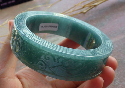 63mm Certified Hand Carved Natural Grade A JADE Jadeite Dragon Phoenix Circle Bangle Bracelet