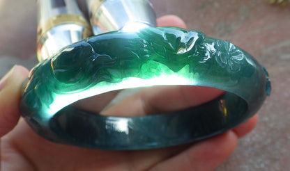 65mm Certified Hand Carved Natural A JADE Jadeite Fox Flower Circle Bangle Bracelet