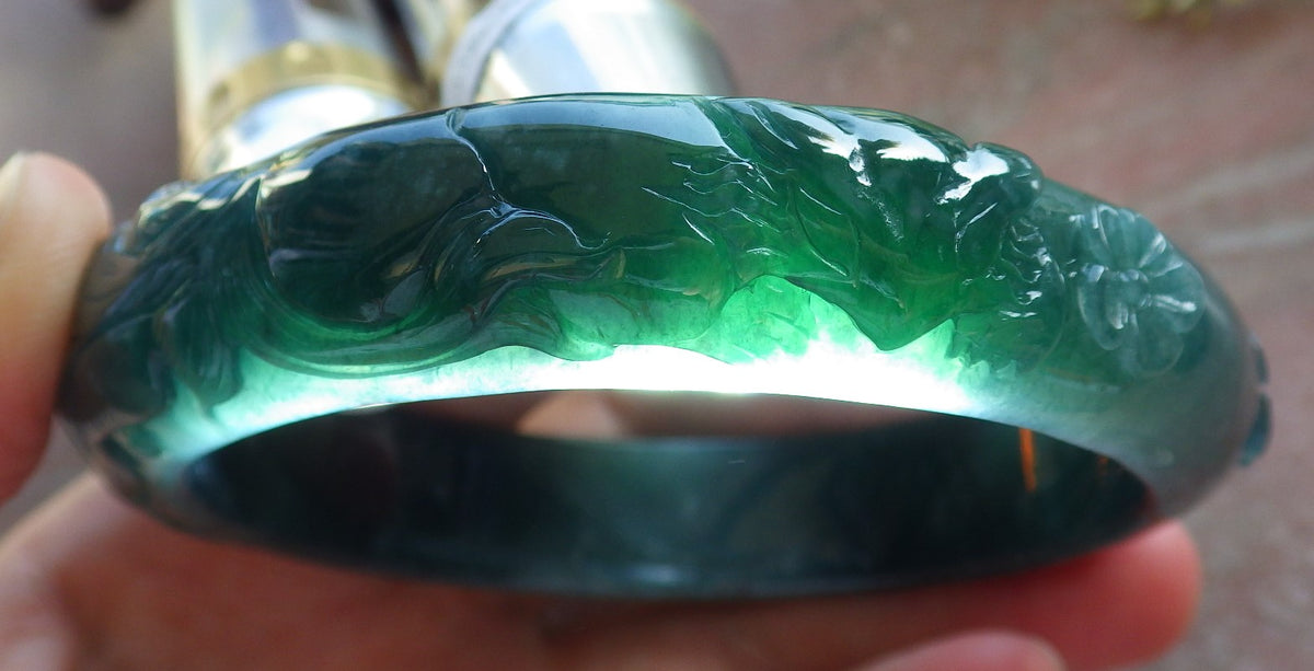 65mm Certified Hand Carved Natural A JADE Jadeite Fox Flower Circle Bangle Bracelet