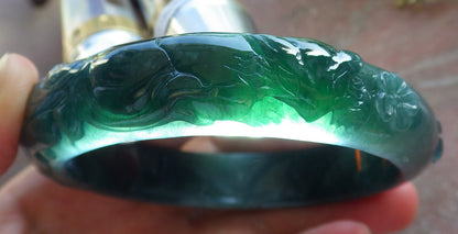 65mm Certified Hand Carved Natural A JADE Jadeite Fox Flower Circle Bangle Bracelet