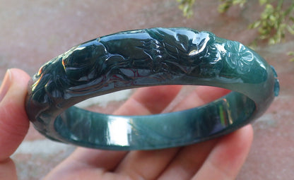 65mm Certified Hand Carved Natural A JADE Jadeite Fox Flower Circle Bangle Bracelet