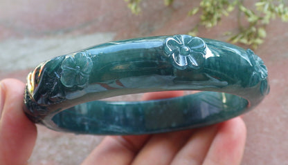 65mm Certified Hand Carved Natural A JADE Jadeite Fox Flower Circle Bangle Bracelet