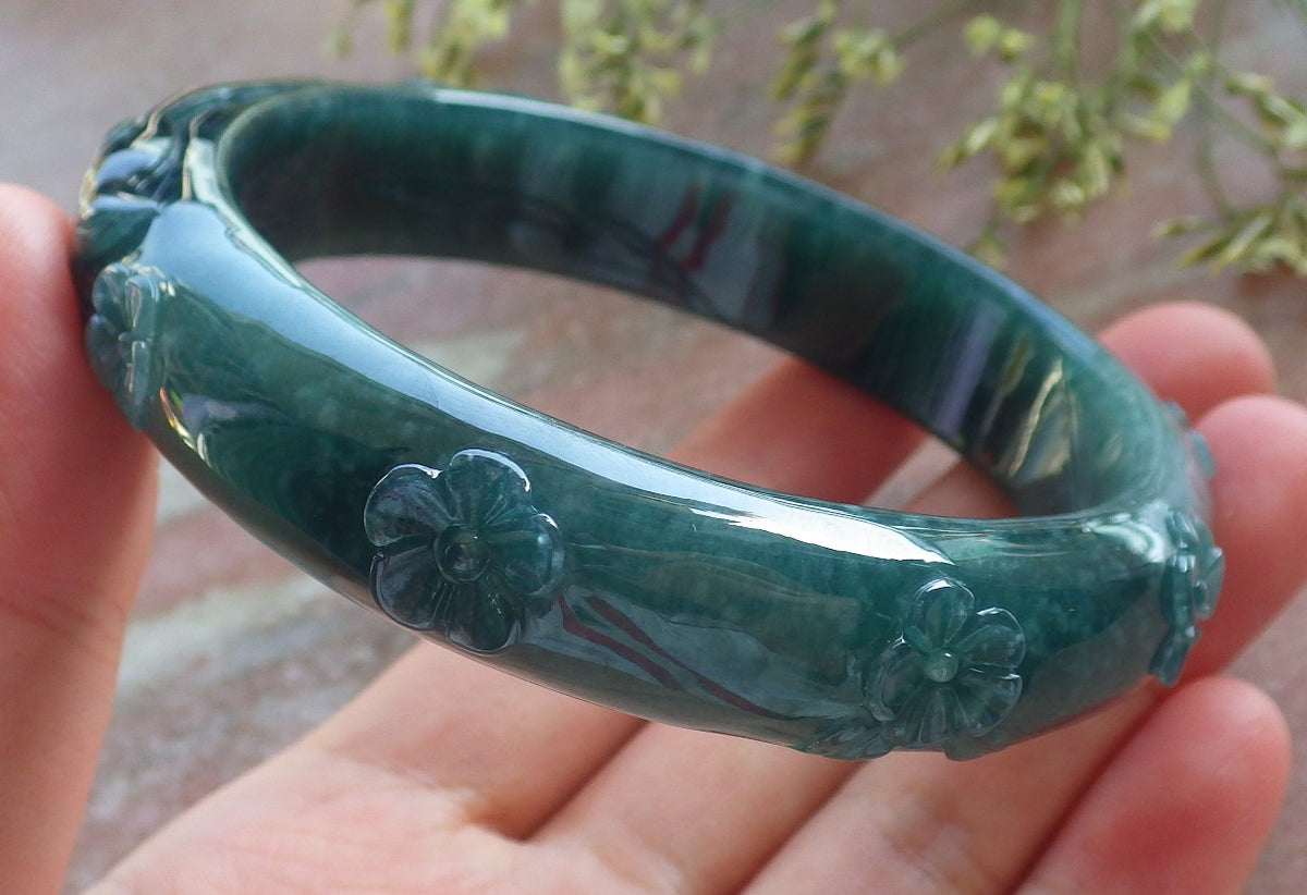 65mm Certified Hand Carved Natural A JADE Jadeite Fox Flower Circle Bangle Bracelet