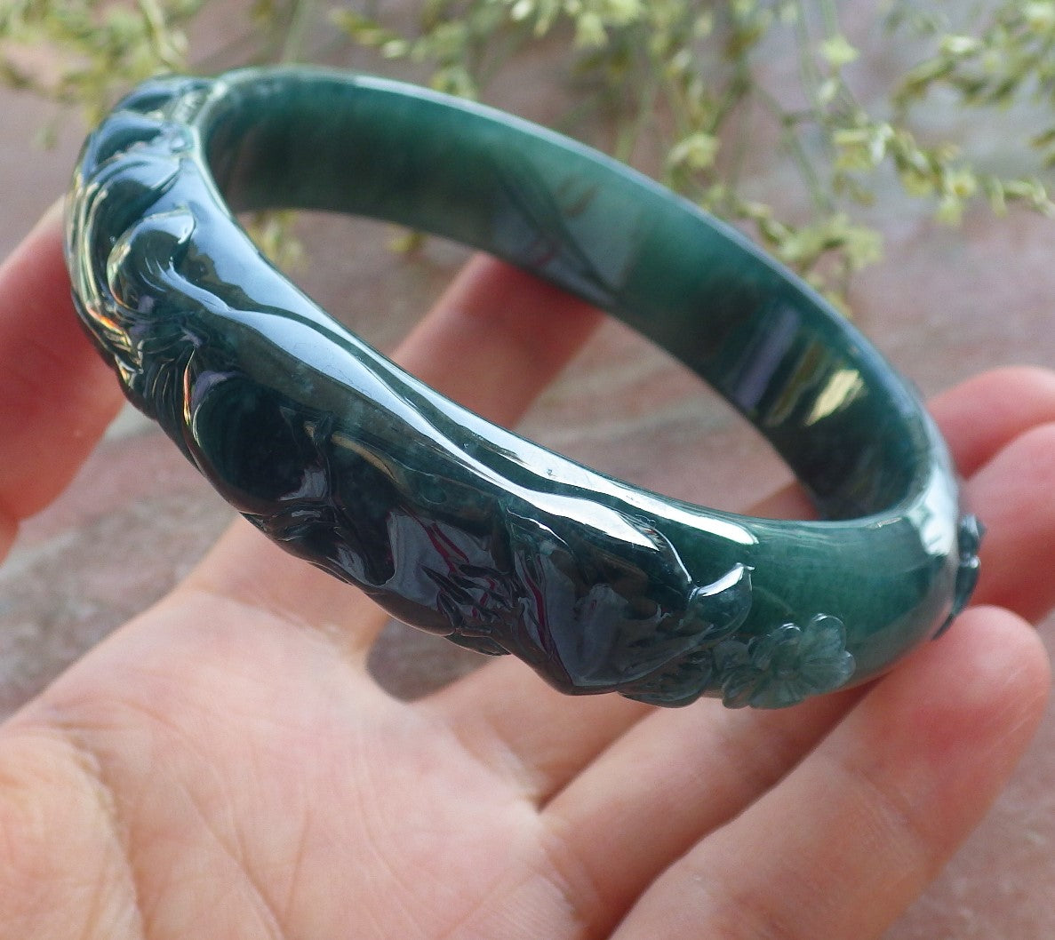 65mm Certified Hand Carved Natural A JADE Jadeite Fox Flower Circle Bangle Bracelet