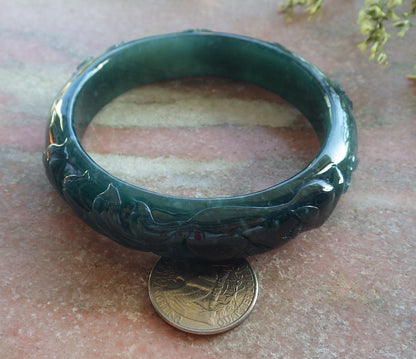 65mm Certified Hand Carved Natural A JADE Jadeite Fox Flower Circle Bangle Bracelet