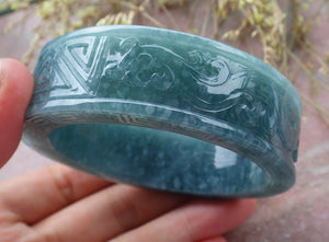 57mm Certified Hand Carved Natural Grade A JADE Jadeite Dragon Phoenix Circle Bangle Bracelet
