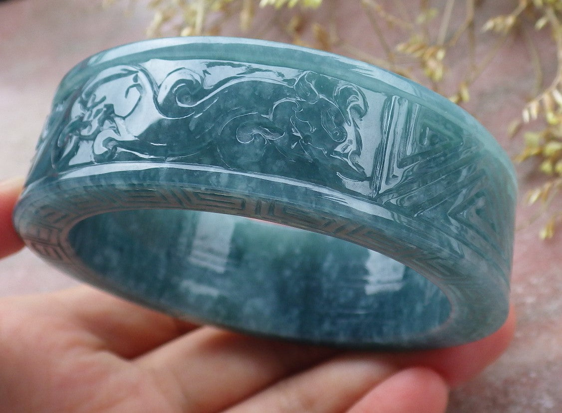 57mm Certified Hand Carved Natural Grade A JADE Jadeite Dragon Phoenix Circle Bangle Bracelet