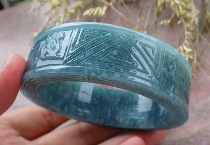 57mm Certified Hand Carved Natural Grade A JADE Jadeite Dragon Phoenix Circle Bangle Bracelet