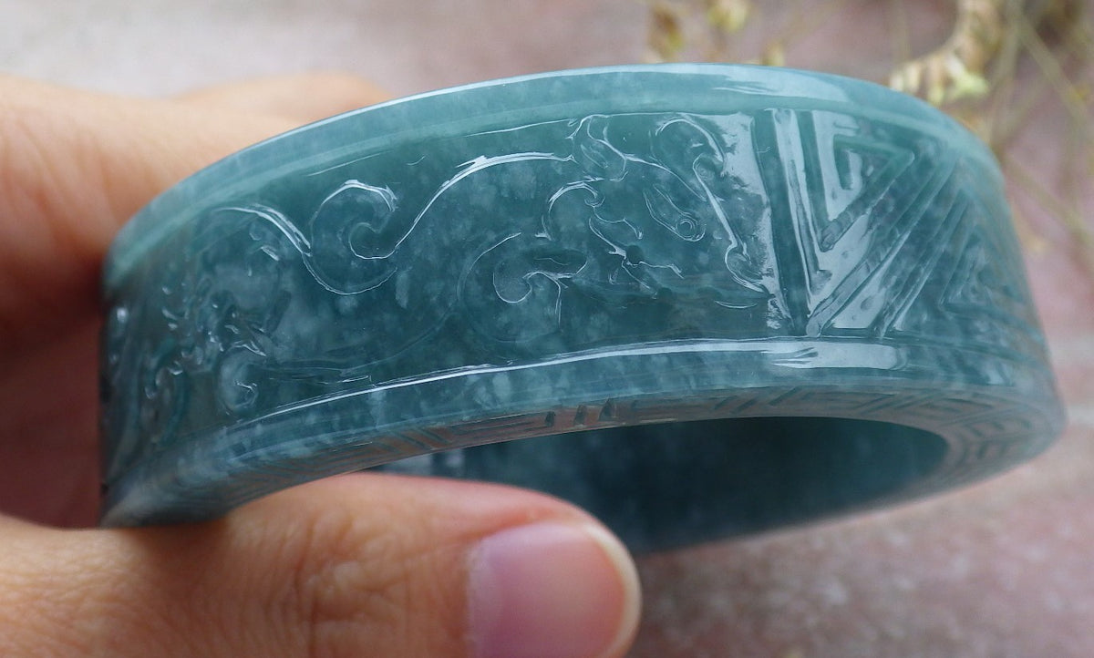 57mm Certified Hand Carved Natural Grade A JADE Jadeite Dragon Phoenix Circle Bangle Bracelet