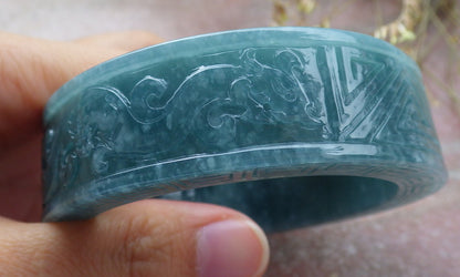 57mm Certified Hand Carved Natural Grade A JADE Jadeite Dragon Phoenix Circle Bangle Bracelet