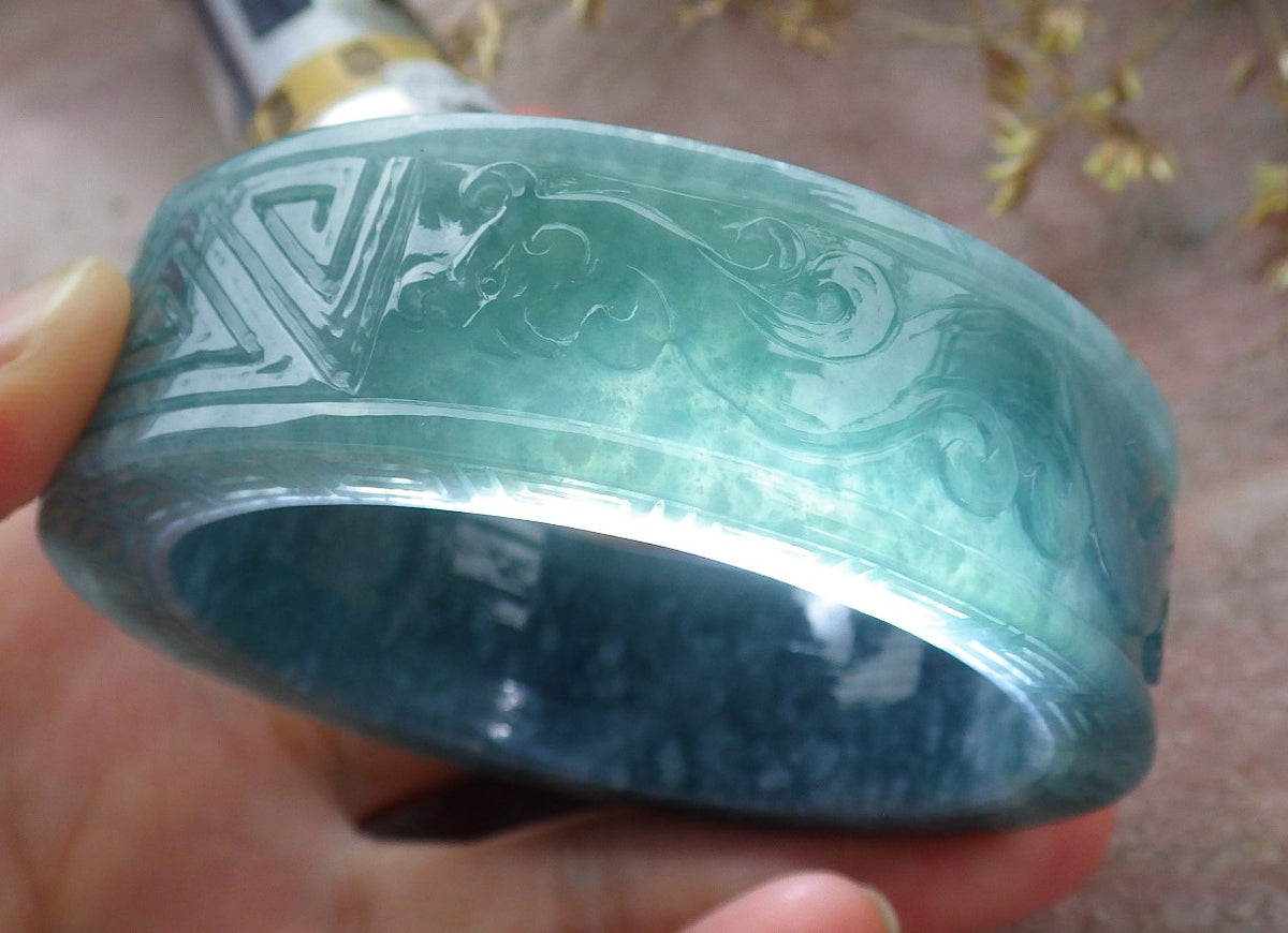 57mm Certified Hand Carved Natural Grade A JADE Jadeite Dragon Phoenix Circle Bangle Bracelet