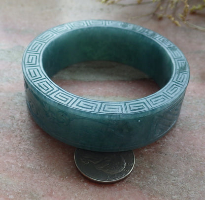57mm Certified Hand Carved Natural Grade A JADE Jadeite Dragon Phoenix Circle Bangle Bracelet