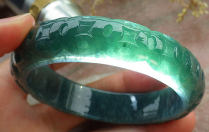 57mm Certified Hand Carved Blue Water Green Natural A JADE Jadeite Coin Circle Bangle Bracelet