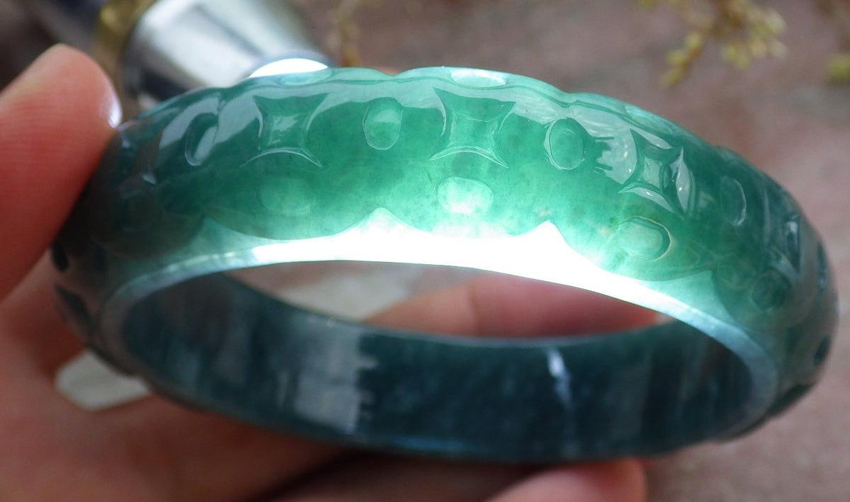 57mm Certified Hand Carved Blue Water Green Natural A JADE Jadeite Coin Circle Bangle Bracelet