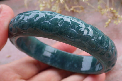 57mm Certified Hand Carved Blue Water Green Natural A JADE Jadeite Coin Circle Bangle Bracelet