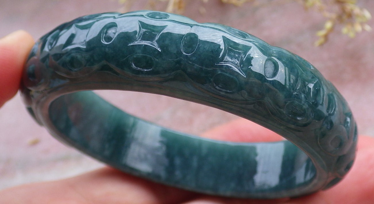 57mm Certified Hand Carved Blue Water Green Natural A JADE Jadeite Coin Circle Bangle Bracelet