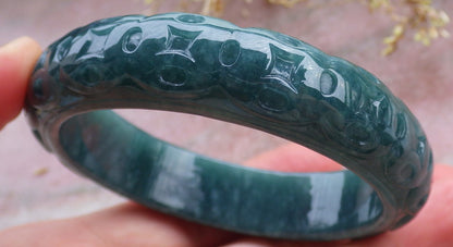 57mm Certified Hand Carved Blue Water Green Natural A JADE Jadeite Coin Circle Bangle Bracelet