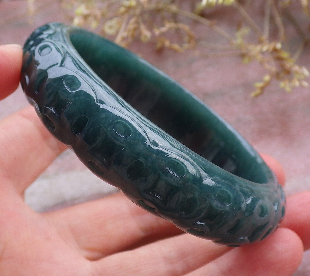 57mm Certified Hand Carved Blue Water Green Natural A JADE Jadeite Coin Circle Bangle Bracelet