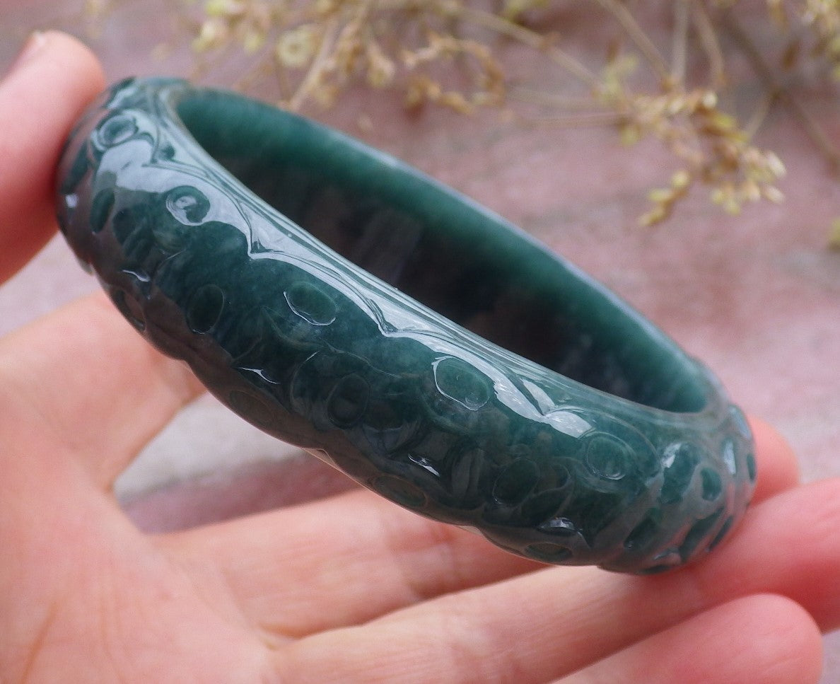 57mm Certified Hand Carved Blue Water Green Natural A JADE Jadeite Coin Circle Bangle Bracelet
