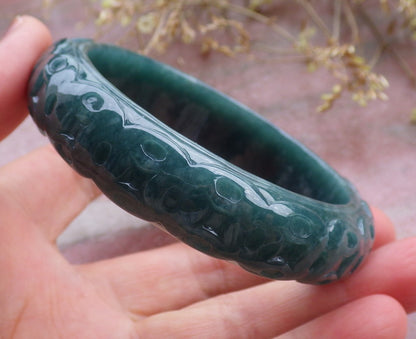 57mm Certified Hand Carved Blue Water Green Natural A JADE Jadeite Coin Circle Bangle Bracelet