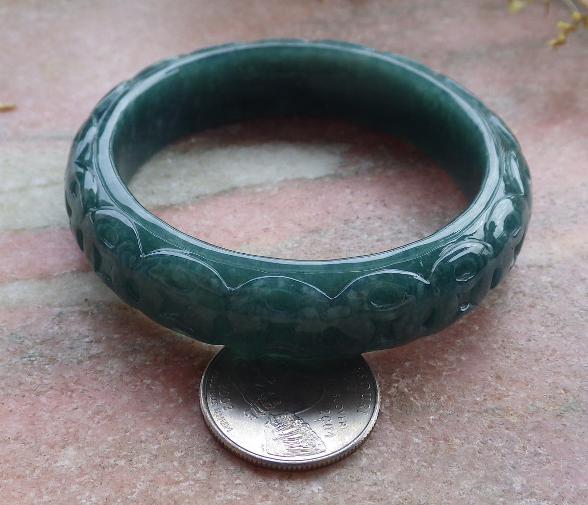 57mm Certified Hand Carved Blue Water Green Natural A JADE Jadeite Coin Circle Bangle Bracelet