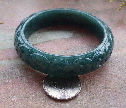 57mm Certified Hand Carved Blue Water Green Natural A JADE Jadeite Coin Circle Bangle Bracelet
