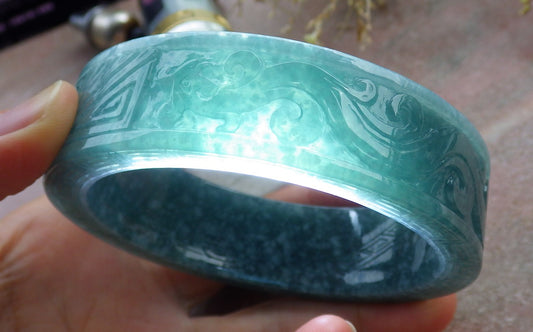 65mm Certified Hand Carved Blue Water Green Natural A JADE Jadeite Phoenix Circle Bangle Bracelet