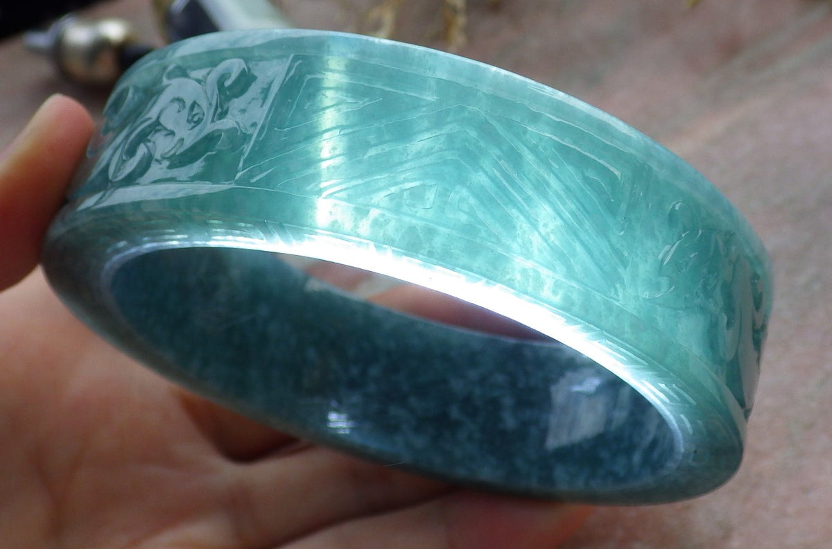65mm Certified Hand Carved Blue Water Green Natural A JADE Jadeite Phoenix Circle Bangle Bracelet