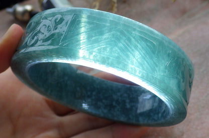 65mm Certified Hand Carved Blue Water Green Natural A JADE Jadeite Phoenix Circle Bangle Bracelet