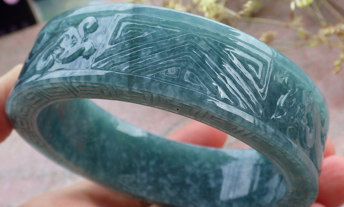 65mm Certified Hand Carved Blue Water Green Natural A JADE Jadeite Phoenix Circle Bangle Bracelet