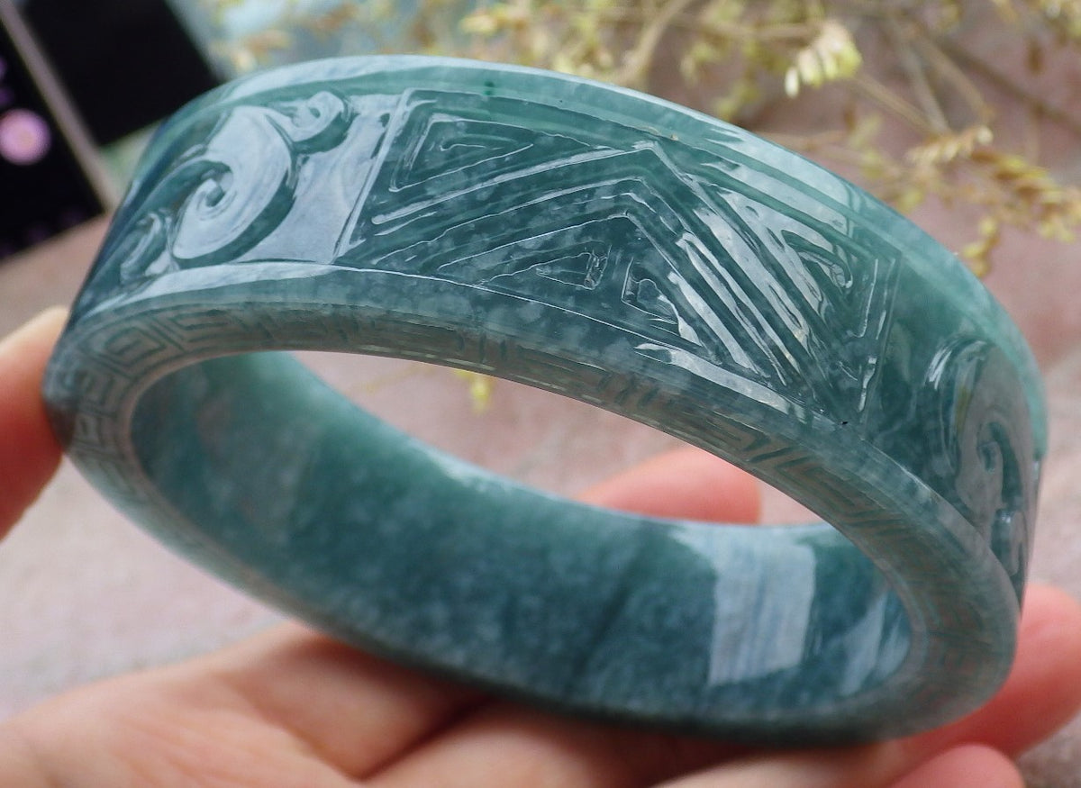 65mm Certified Hand Carved Blue Water Green Natural A JADE Jadeite Phoenix Circle Bangle Bracelet