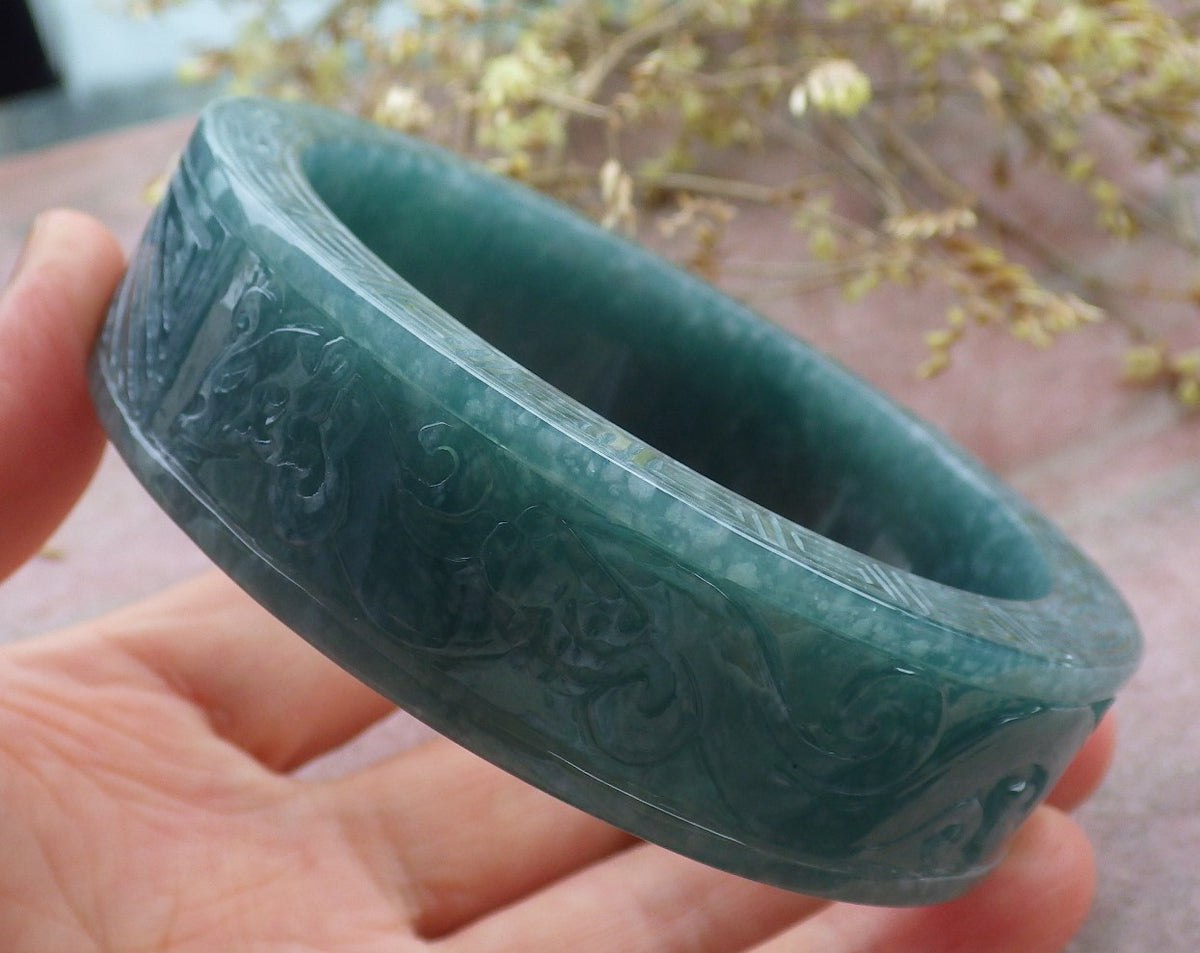 65mm Certified Hand Carved Blue Water Green Natural A JADE Jadeite Phoenix Circle Bangle Bracelet