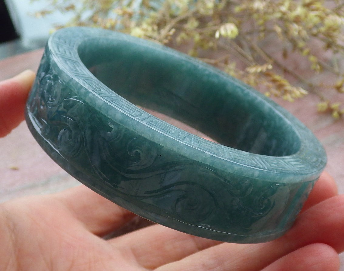 65mm Certified Hand Carved Blue Water Green Natural A JADE Jadeite Phoenix Circle Bangle Bracelet