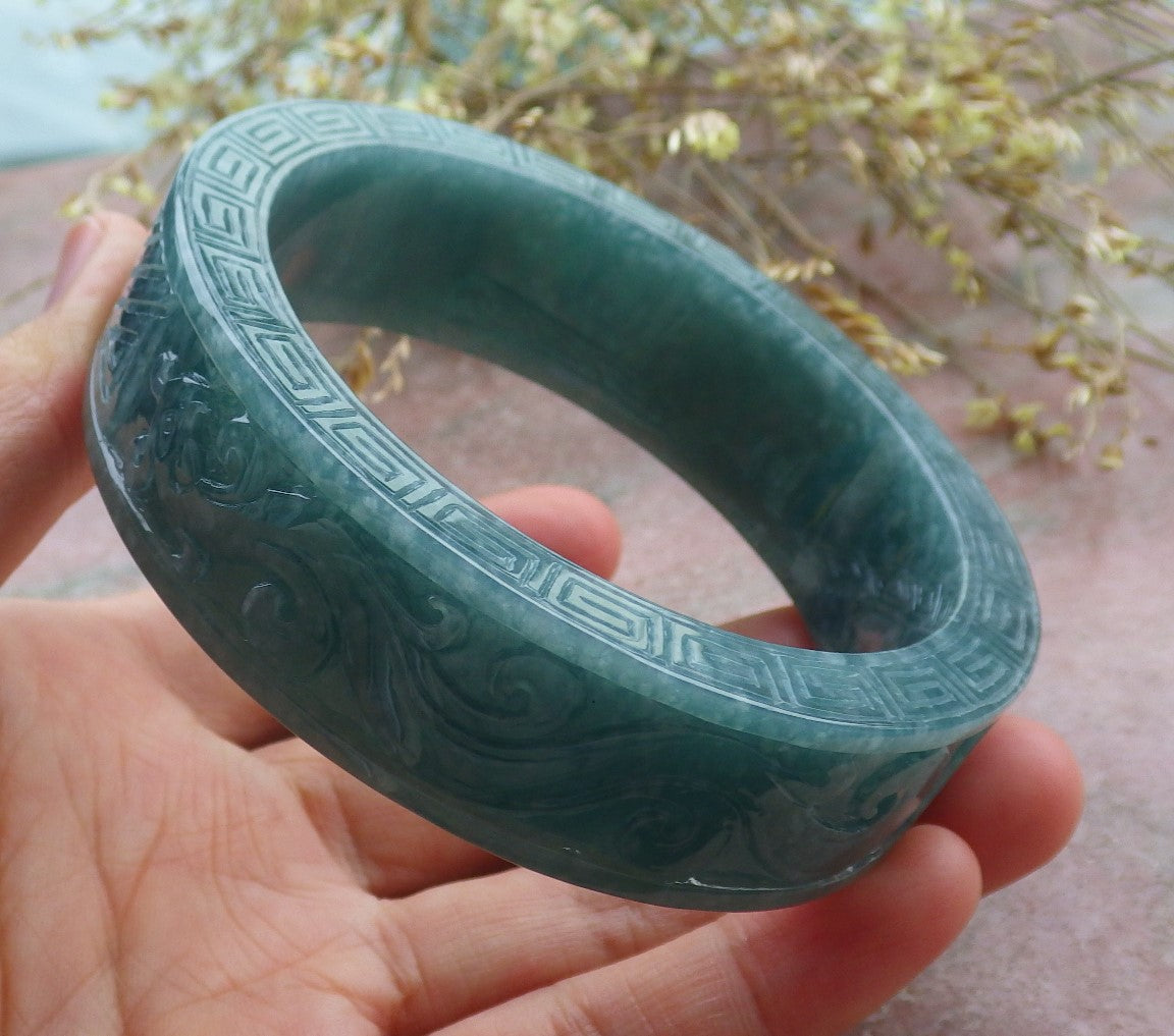 65mm Certified Hand Carved Blue Water Green Natural A JADE Jadeite Phoenix Circle Bangle Bracelet